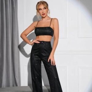Parathea Crop Metallic Cami Top And Pants Set - Black (S)